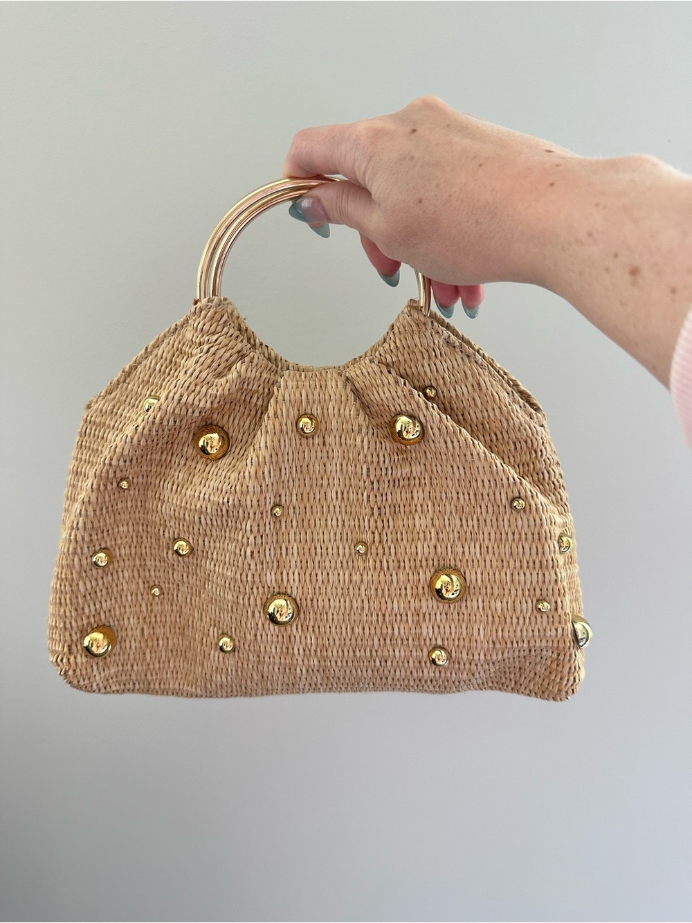Woven Straw Handbag with Gold Stud Accents - Neutral